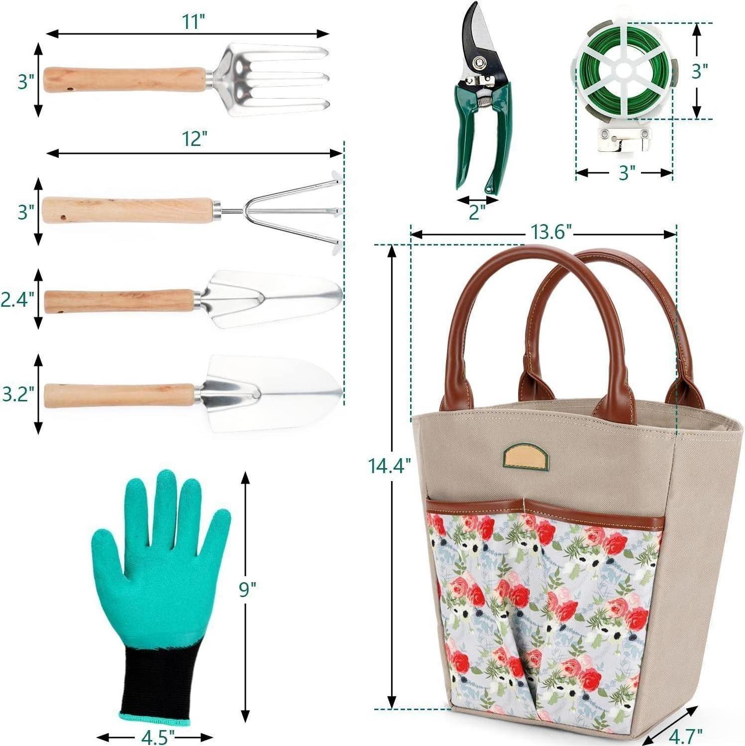 9 Piece Garden Tools Set Storage Tote Gloves scissors coils