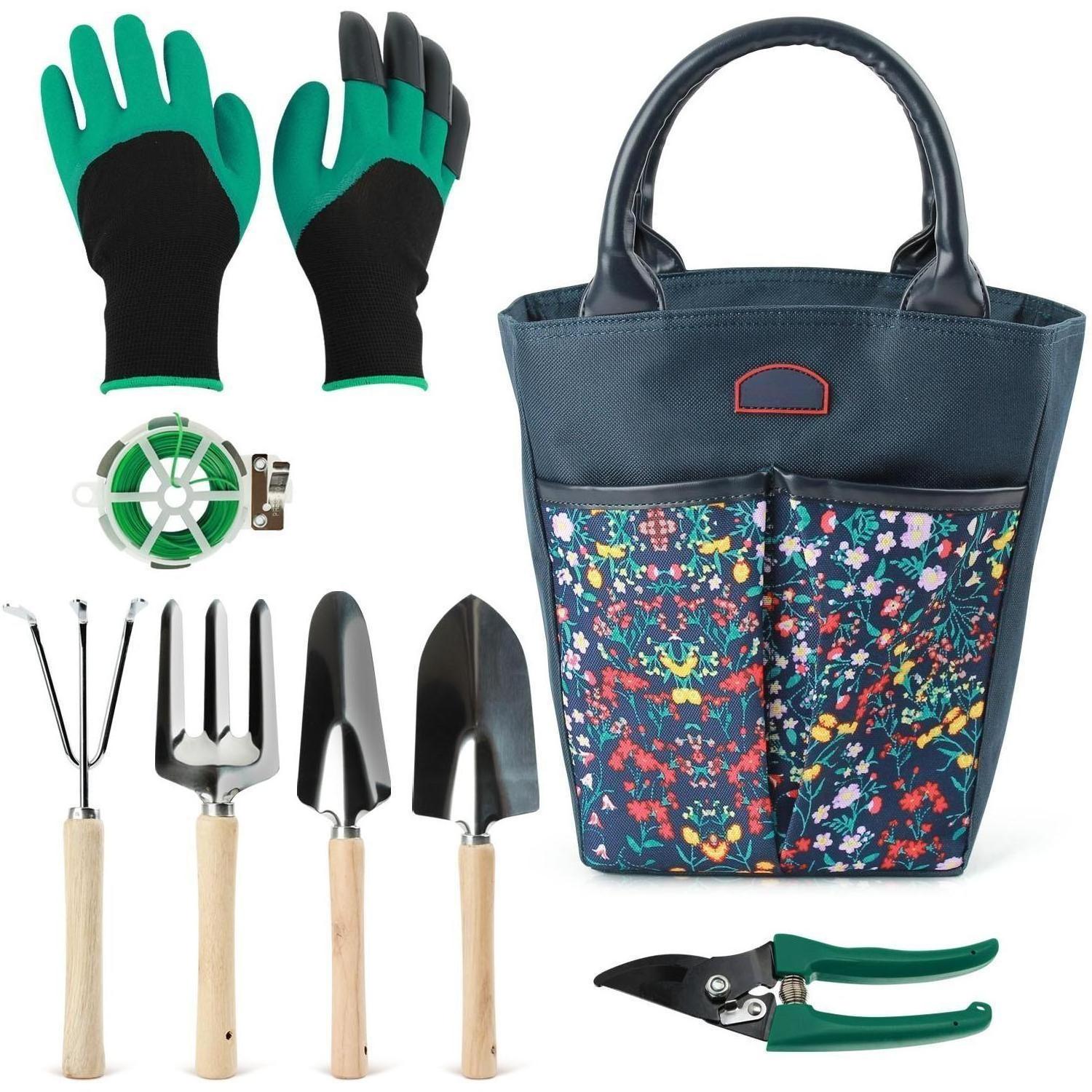 9 Piece Garden Tools Set Storage Tote Gloves scissors coils