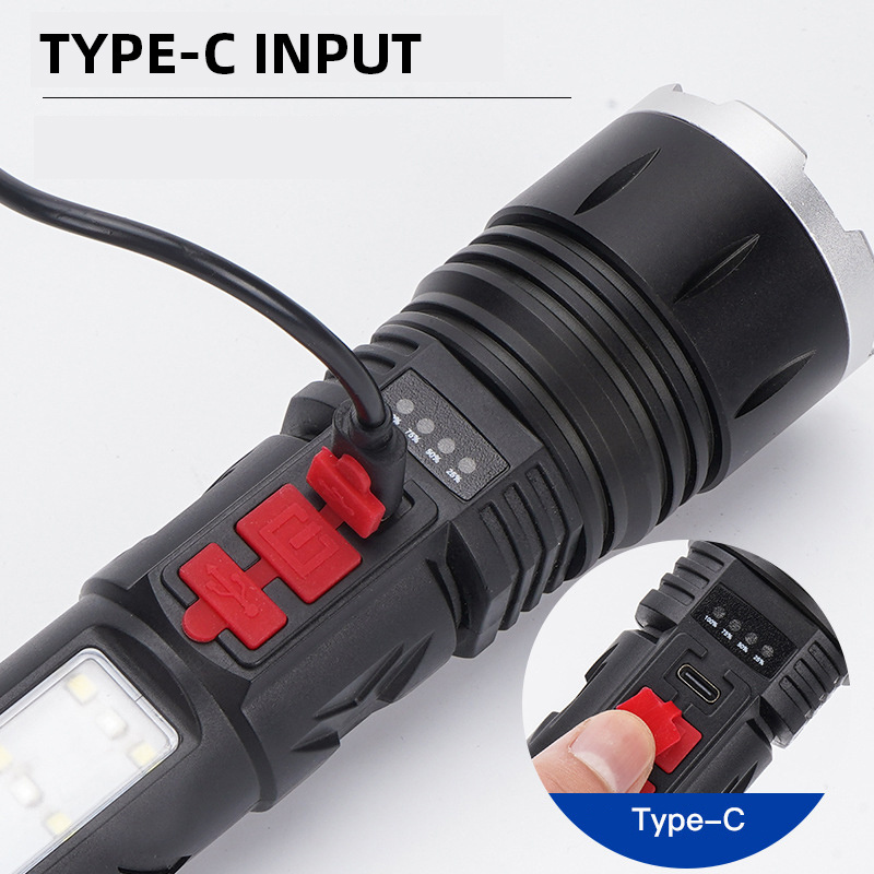 XHP50 Power Display Torch Tactical TYPE-C Side Flood Light 5 Light Modes Camping Aluminum Buzzer Alarm Led Flashlight