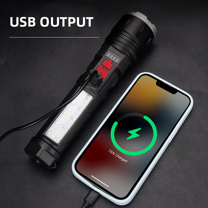 XHP50 Power Display Torch Tactical TYPE-C Side Flood Light 5 Light Modes Camping Aluminum Buzzer Alarm Led Flashlight