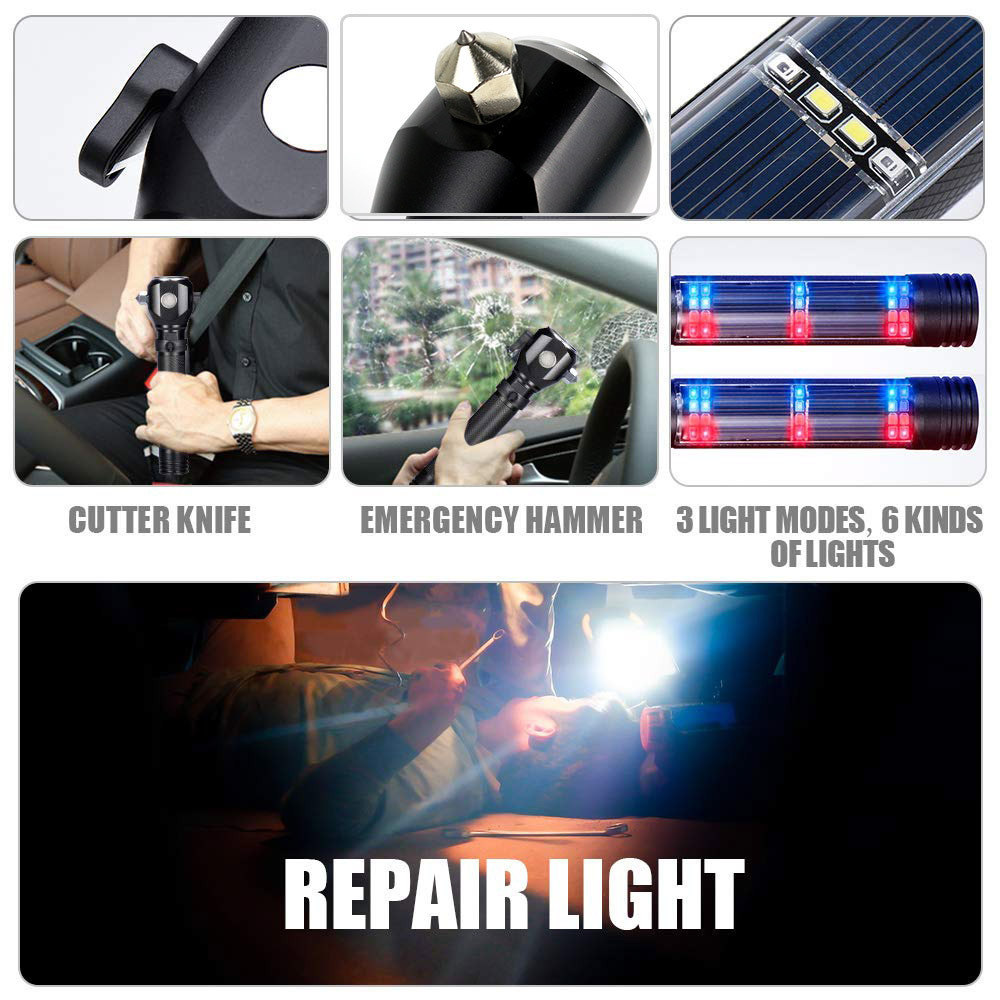 Emergency MultiFunction Outdoor Solar Power Tactical Flashlight Safety Hammer Seat Belt Cutter Flashlight with USB Charge