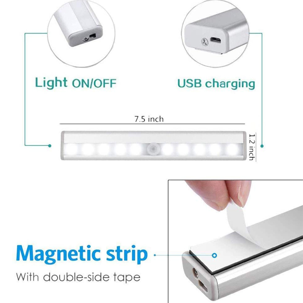 10 led USB rechargeable led motion sensor light indoor cabinet light led night motion sensor closet lighting with remote control