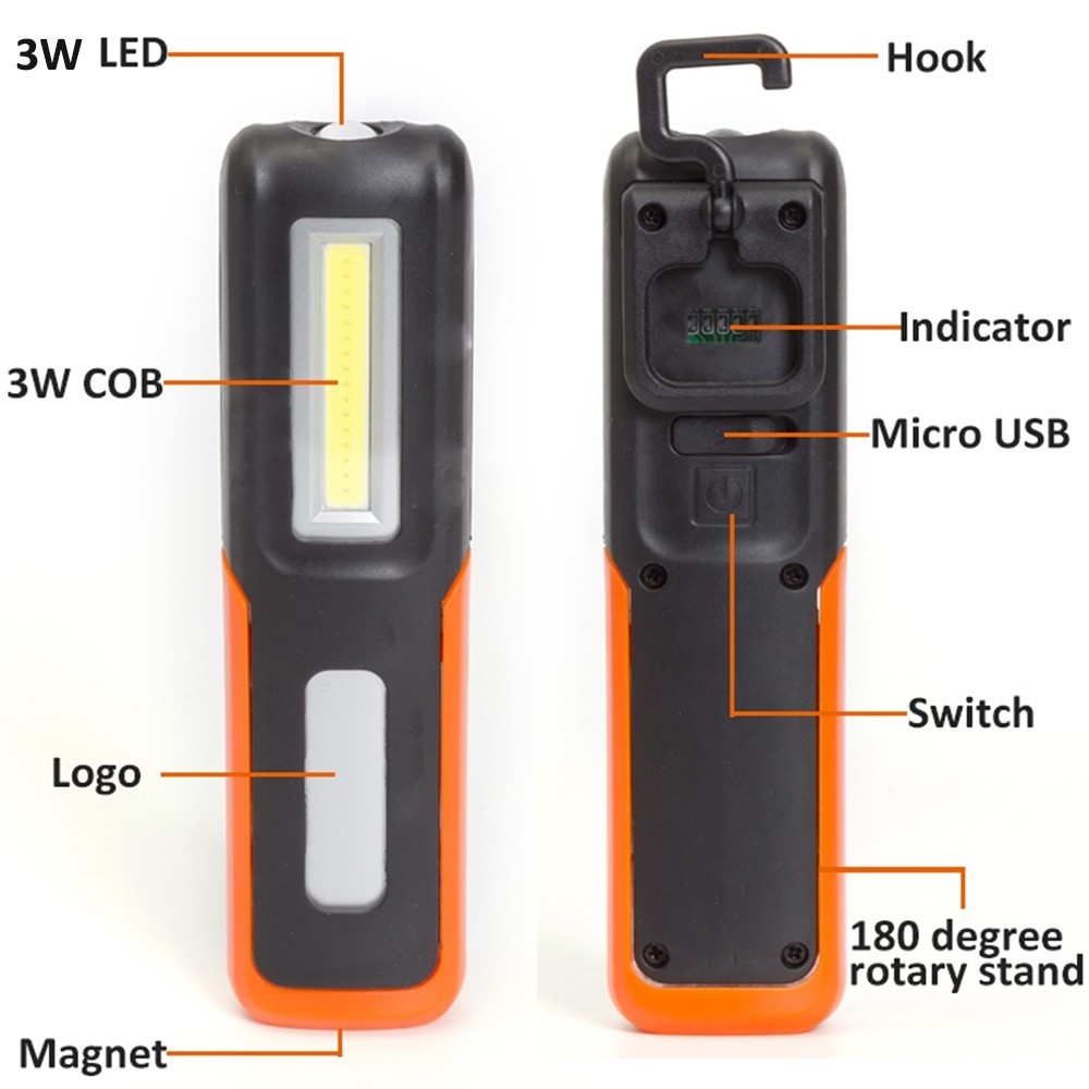 Portable Handheld Rechargeable COB LED Work Light with Magnetic Base and Hanging Hook