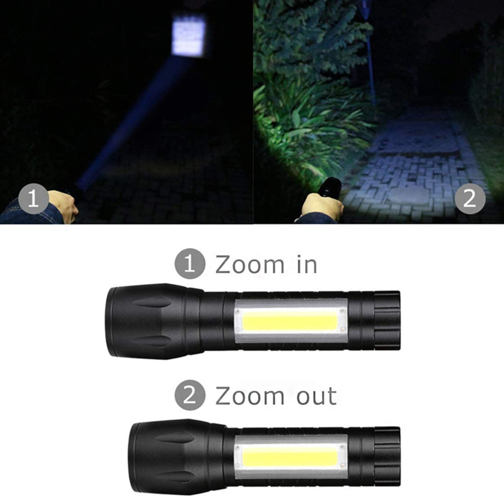 High power mini led flashlight torch, cob zoom 18650 manual rechargeable flashlight for self defense