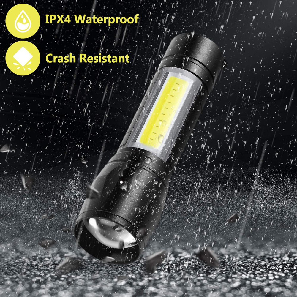 High power mini led flashlight torch, cob zoom 18650 manual rechargeable flashlight for self defense