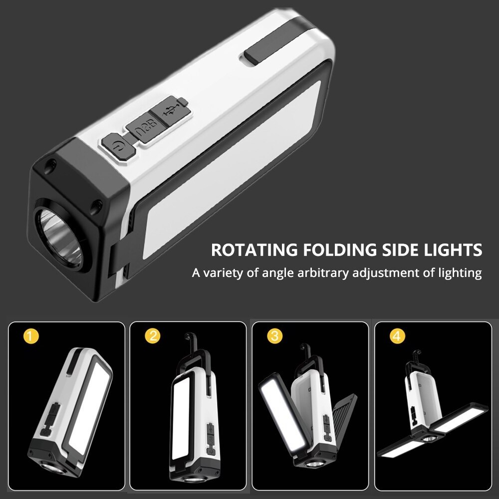 Super Bright LED Flashlight USB Rechargeable COB Work Light Foldable Camping Fishing Lantern Waterproof with Hook Repair Torch