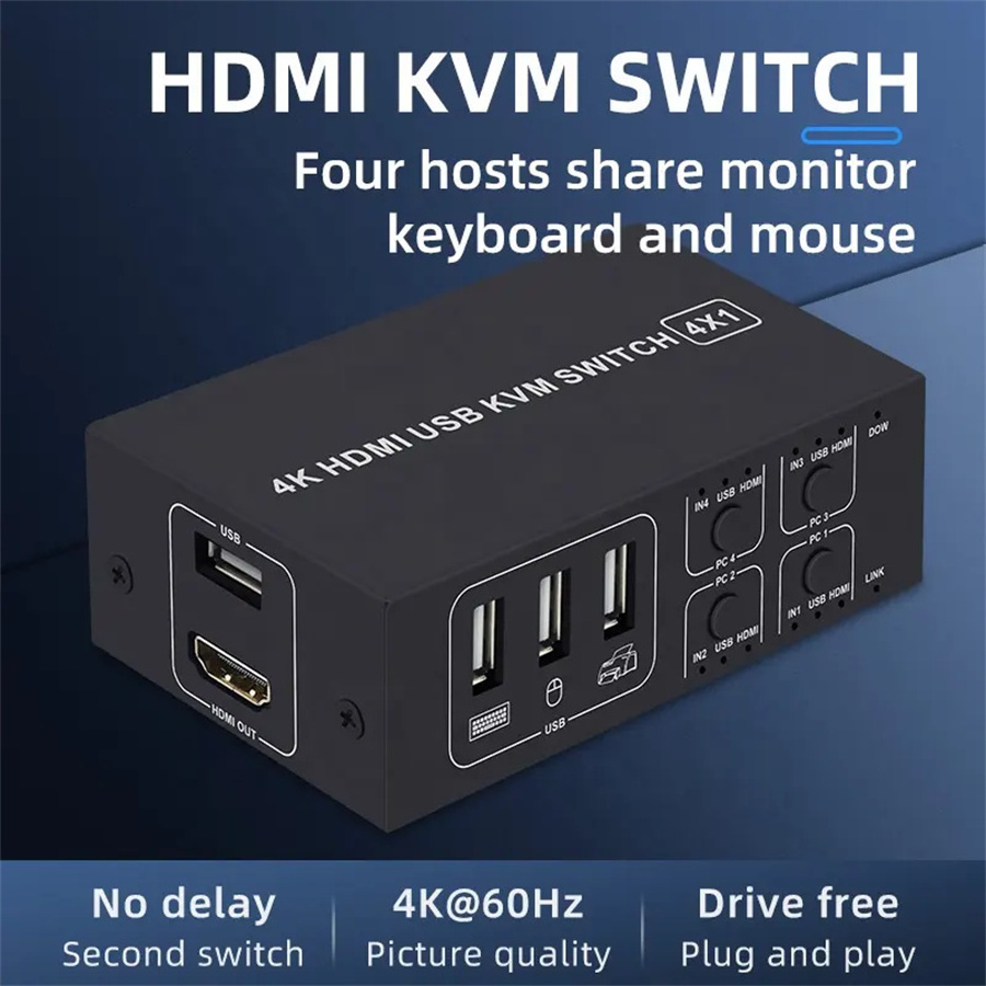 4K HDTV KVM Switch 4 in 1 out 4K 60Hz HDTV USB KVM Switcher 4x1 for 4 PC Share Monitor Mouse Keyboard with Desktop Controller