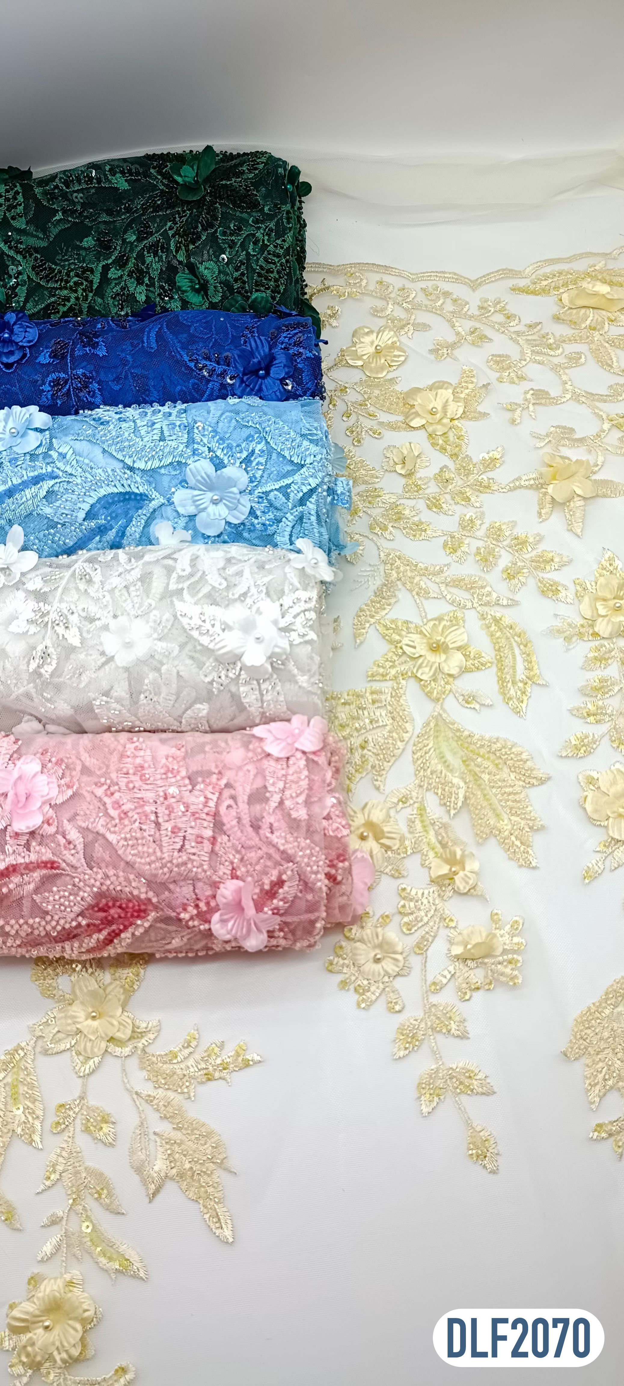 3D flower rhinestone embroidered tulle lace fabric  chiffon hot sale embroidery tulle mesh lace fabric for bridal