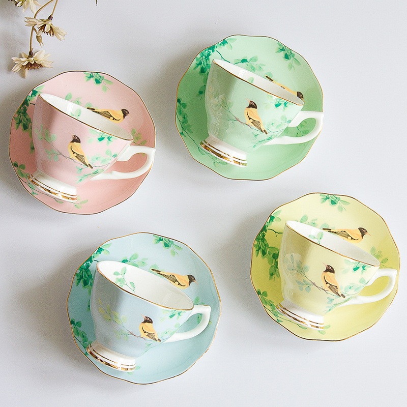 classic colorful bird decal bone china afternoon tea set coffee cup and saucer