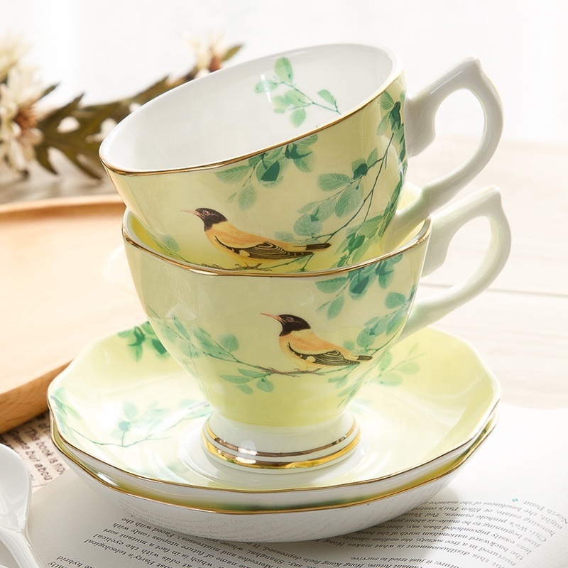 classic colorful bird decal bone china afternoon tea set coffee cup and saucer