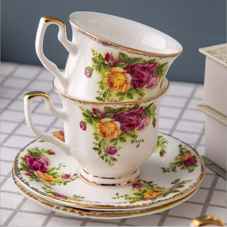 new design European style fine bone china rose design Tea cup and teapot set for sale