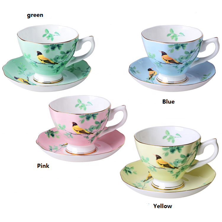 classic colorful bird decal bone china afternoon tea set coffee cup and saucer