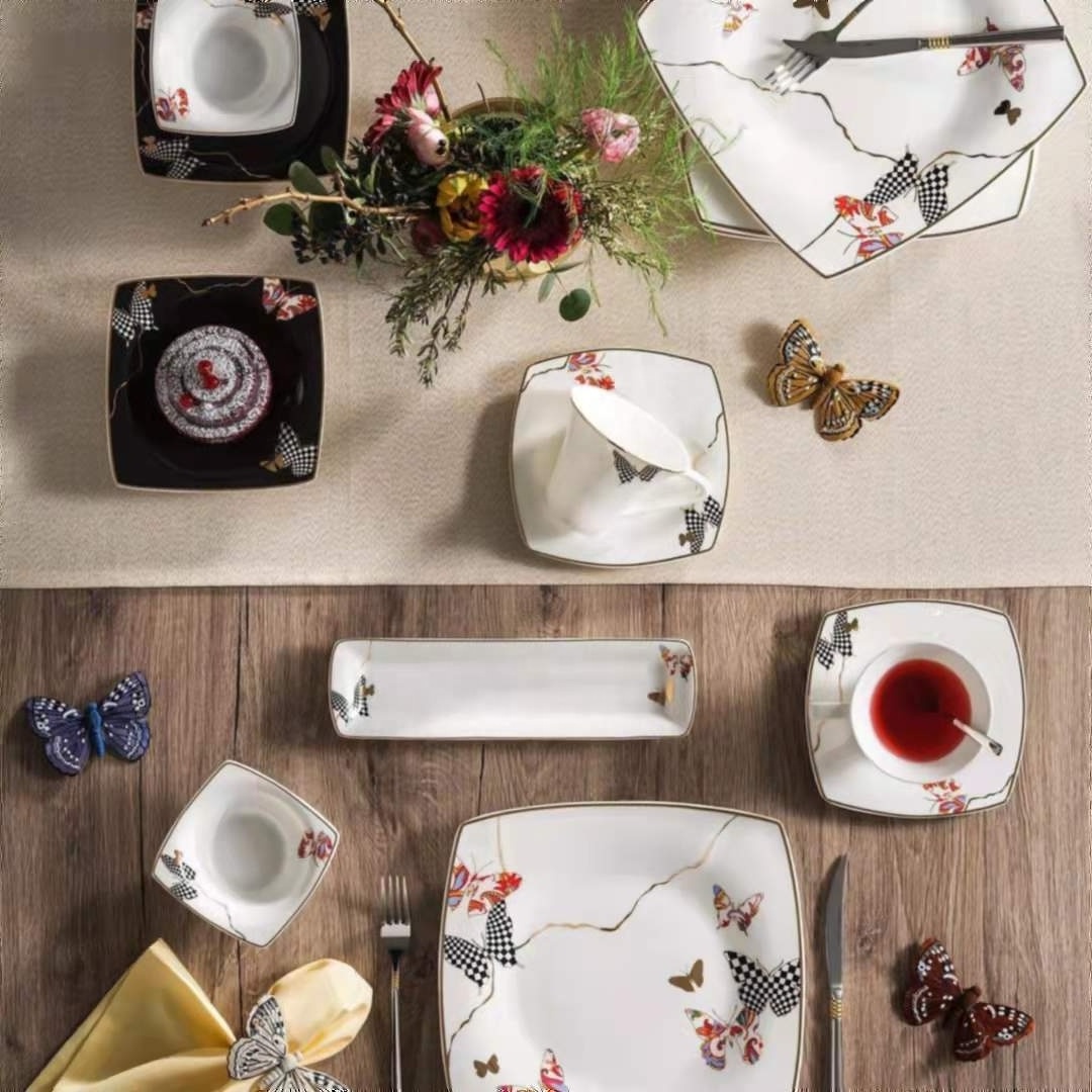 60pcs luxury square dinnerware in TURKEY fine bone china dinner set OEM custom wholesale porcelain