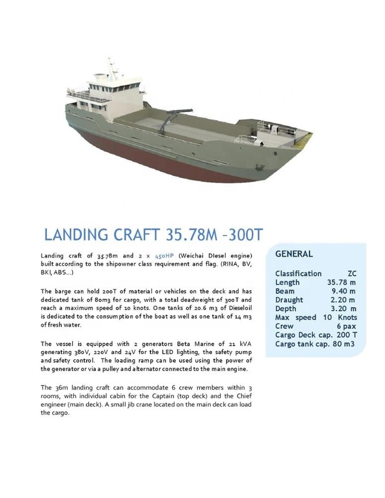 35.78 Meters Length overall LOA Small landing craft transport(LCT)  Self Propelled barges cargo nga barko for sale