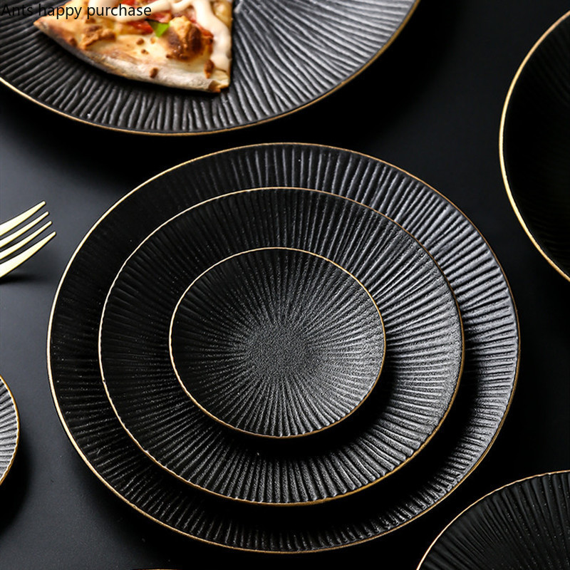 Classic embossed design Eco-Friendly  black color stoneware dinnerware set for crockery dinner sets restaurant