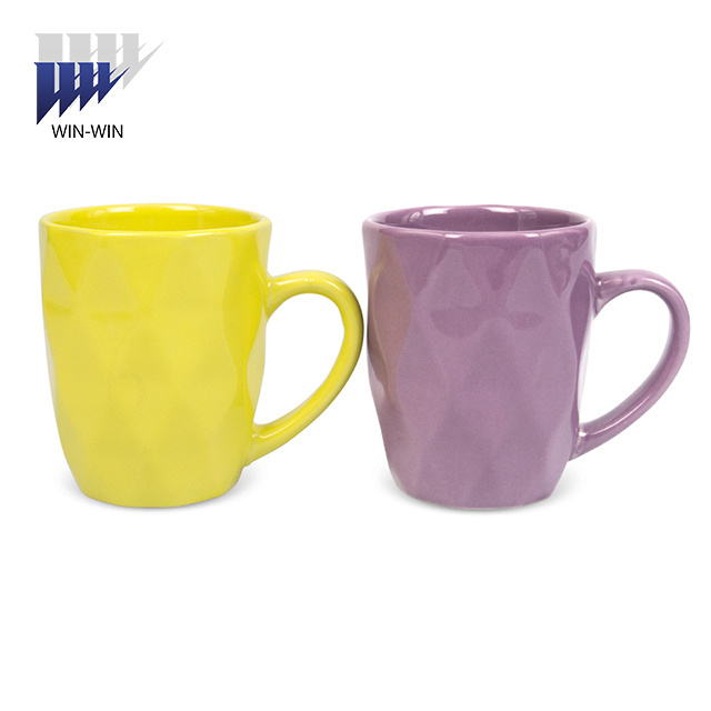 Diamond embossed shape solid color tea water stoneware coffee mug for cheap ceramic mugs