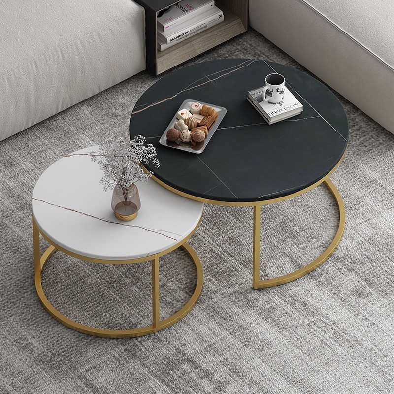 Modern Design Brass Gold Chrome Steel Top Round Marble Top Nesting Center Coffee Table