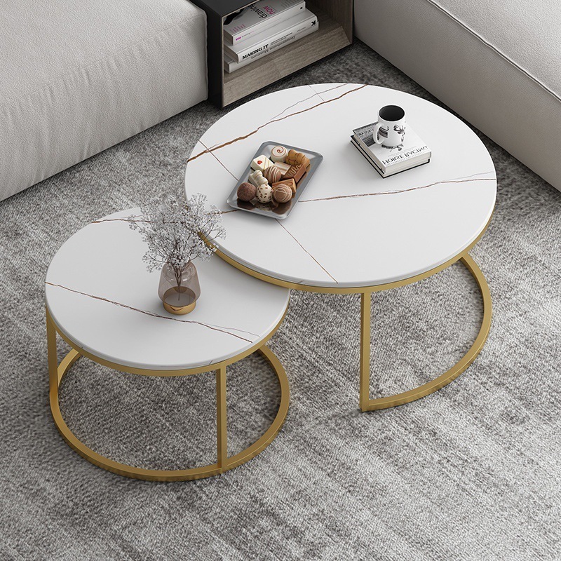 Modern Design Brass Gold Chrome Steel Top Round Marble Top Nesting Center Coffee Table