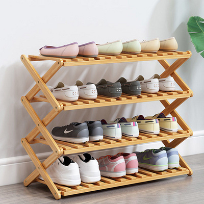 Space Saving Display Wood Foldable 2 Tiers 6 Pair Bamboo Wooden Shoe Rack