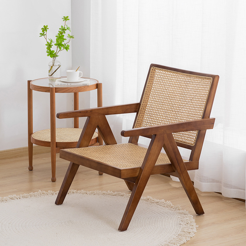 High Quality  Solid Wooden Arm Chair Design Wicker Cane Lounge Chair Hotel Coffee Rattan Accent Chair