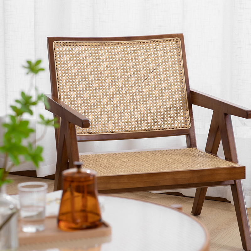 High Quality  Solid Wooden Arm Chair Design Wicker Cane Lounge Chair Hotel Coffee Rattan Accent Chair