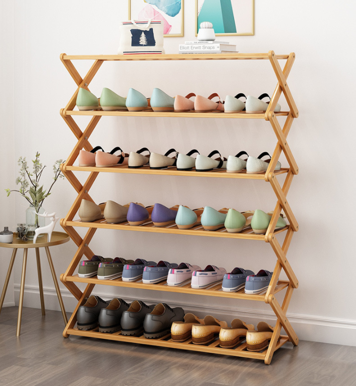 Space Saving Display Wood Foldable 2 Tiers 6 Pair Bamboo Wooden Shoe Rack