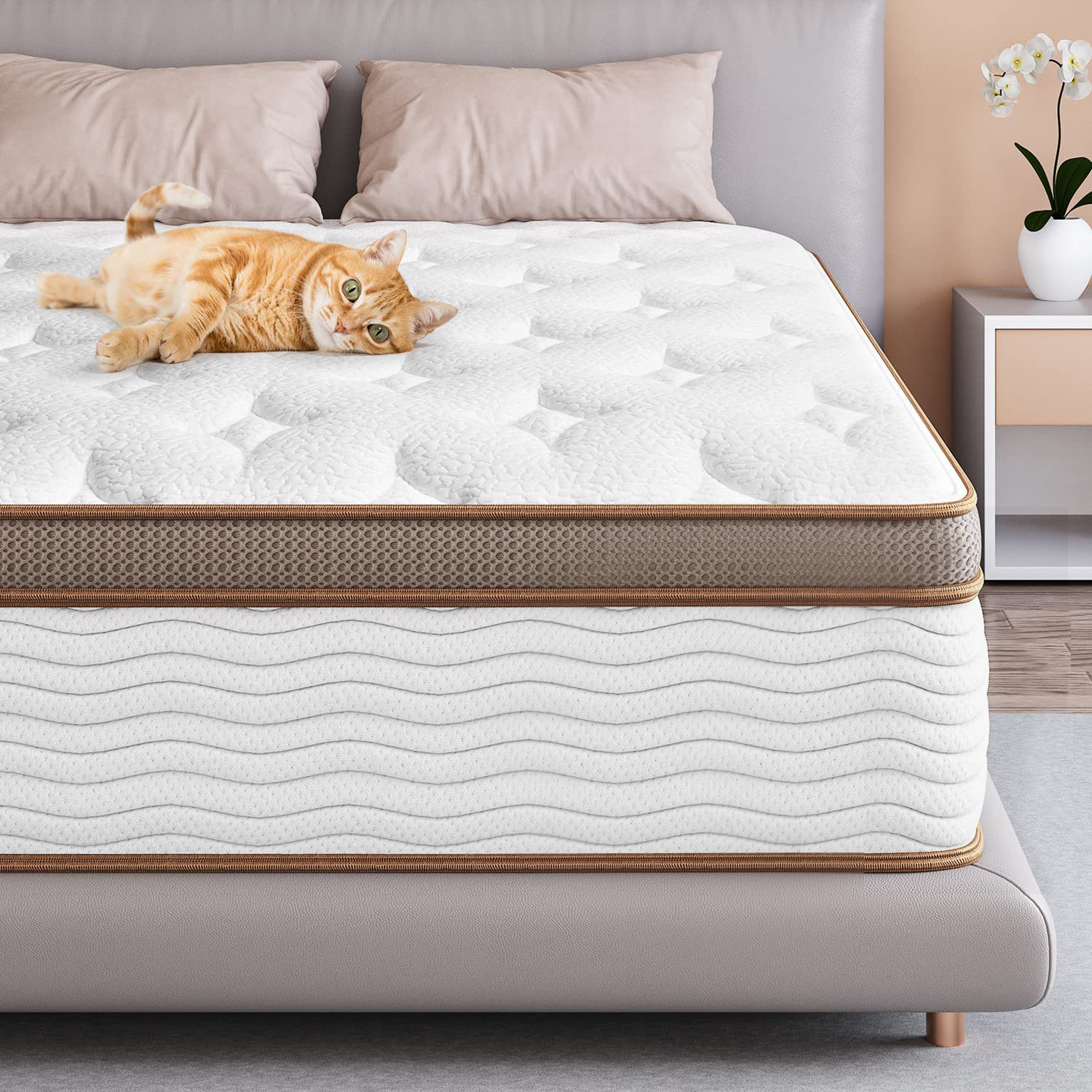 Beige Mattress Twin Full Queen King Size With High Quality Knitted Fabric Gel Memory Foam Hybrid Mattress Roll Up In A Box