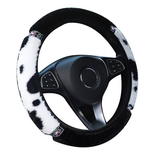 portable D type fancy winter thermal plush shiny rhinestone dairy cow lady steering wheel cover for women