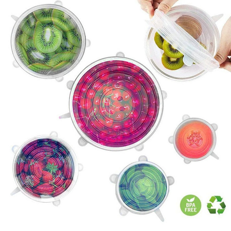 Various Sizes Reusable Silicone Cover Stretch Lids Set Food Grade Silicone Lid Stretch 6 Pack Customized Logo Opp Bag Round 85g