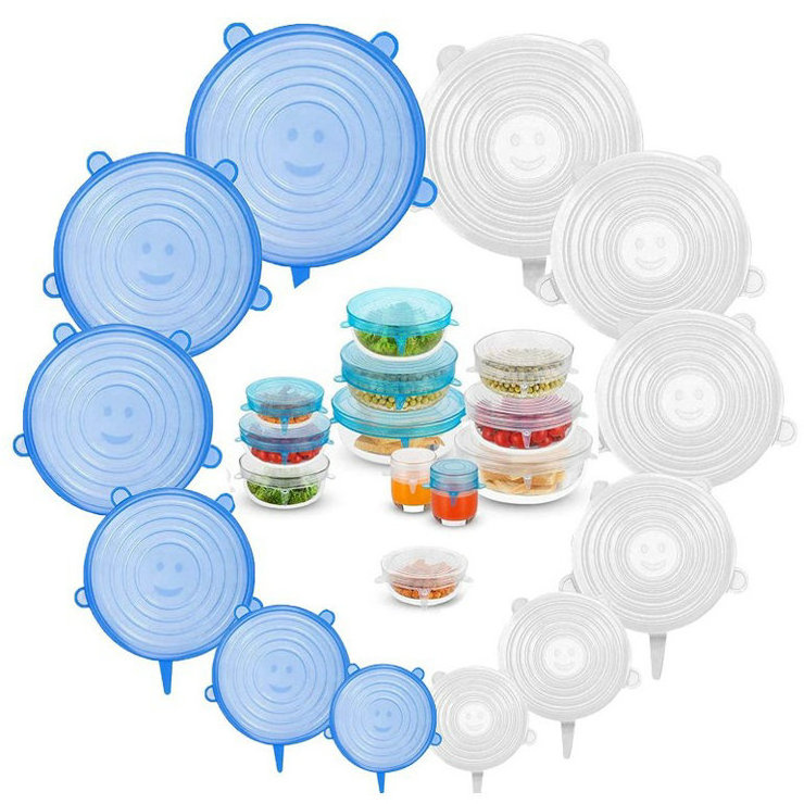 Various Sizes Reusable Silicone Cover Stretch Lids Set Food Grade Silicone Lid Stretch 6 Pack Customized Logo Opp Bag Round 85g