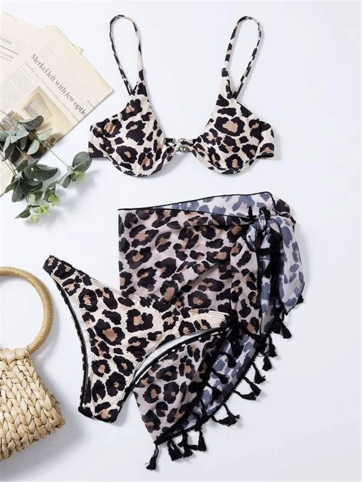 New Leopard Bikini Lingerie Sexy 3 Piece Mini Micro Bikini Brief Set Swimsuit Women Thong With Split Swimwear