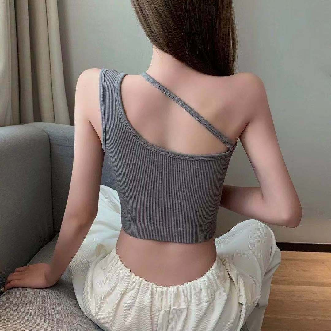 Cheap Rib Sexy One Shoulder Women Bra Sports Casual Hang Neck Top Skin Friendly Breathable Quick Drying Yoga Bra