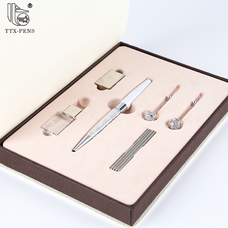 TTX High Quality Business Name Gift Classical Luxury Metal USB Driver Earrings Ball Point Pen Set With Box