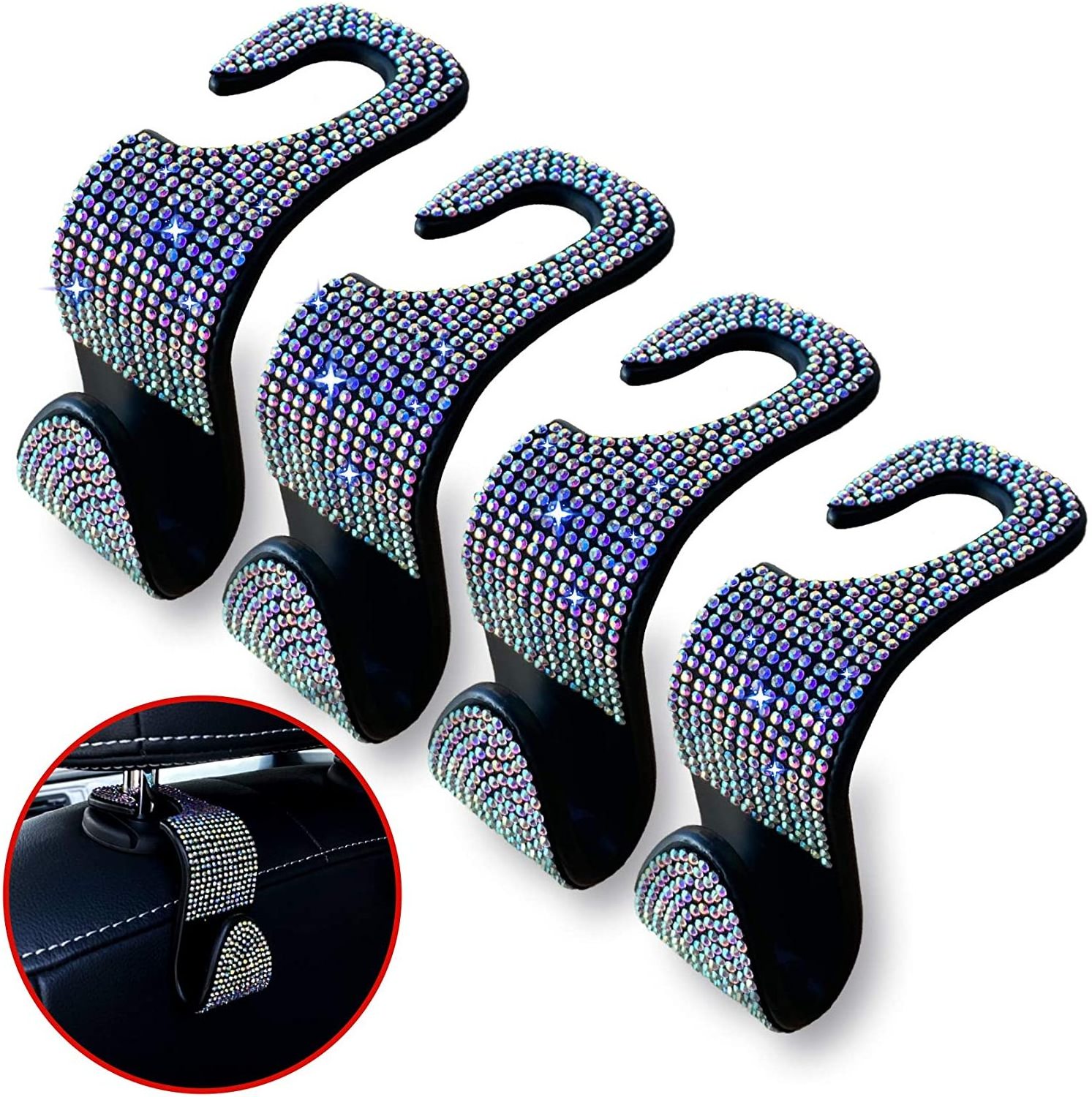 Wholesale blue Bling diamond Back Seat Headrest Car Hooks & Car Seat Hanger for bag and for Car Interior Accessories