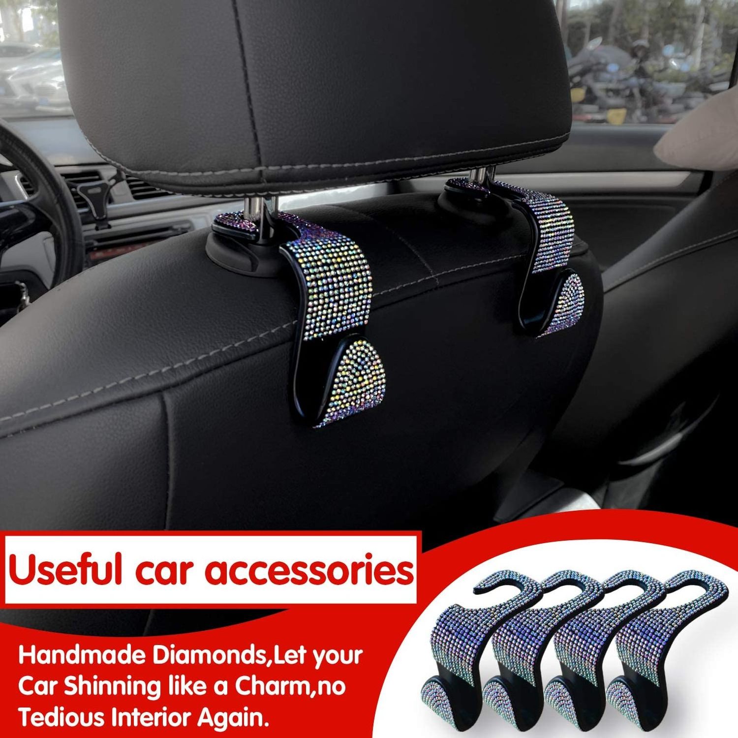 Wholesale blue Bling diamond Back Seat Headrest Car Hooks & Car Seat Hanger for bag and for Car Interior Accessories