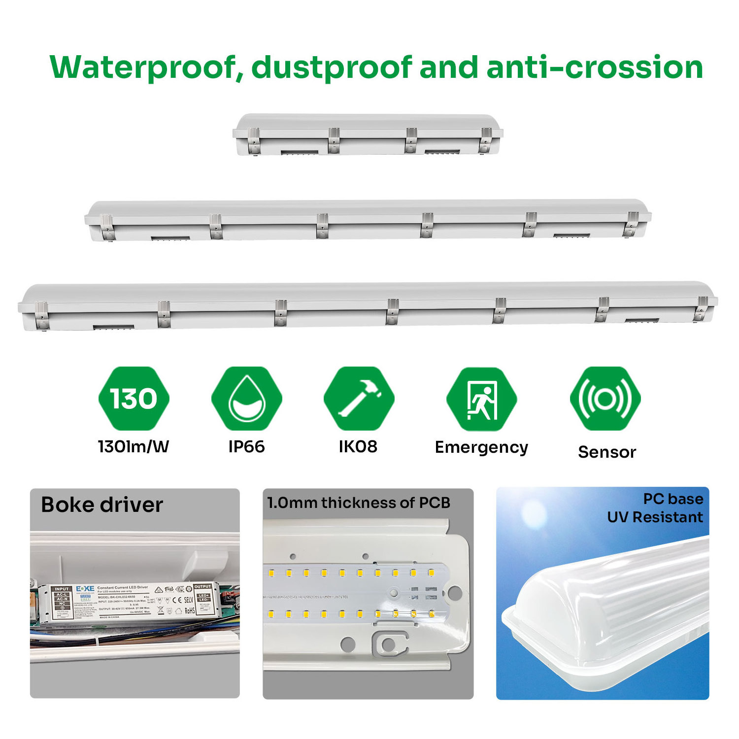 TUBU 5 year warranty ip66 36W 4ft 130lm/w LED batten lighting fixture with emergency function