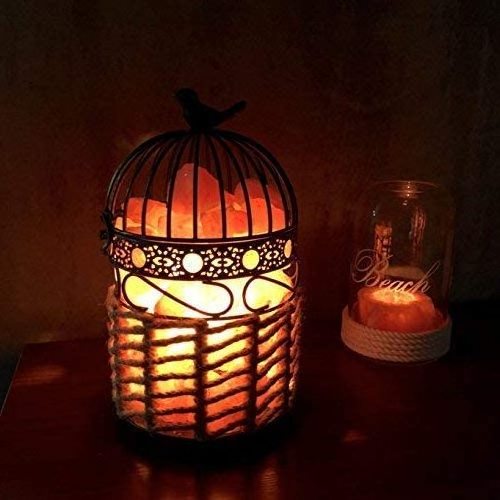 Himalayan Salt Lamp Night Light Salt Candle Holder Set Dimmer Control Sw Unique Handmade Bird Cage Pink with Bulbs and 1 15 Wood