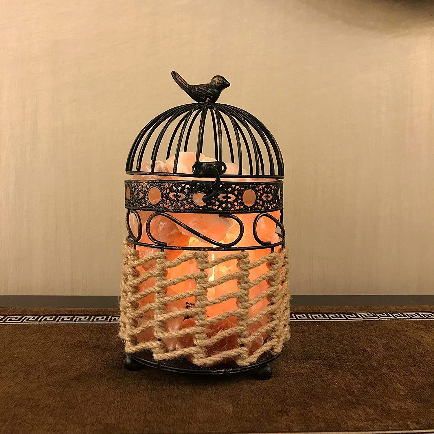 Himalayan Salt Lamp Night Light Salt Candle Holder Set Dimmer Control Sw Unique Handmade Bird Cage Pink with Bulbs and 1 15 Wood