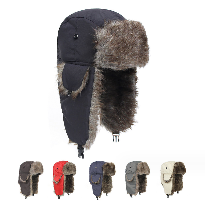 Mens Winter Hat with Brim Warm Earflaps Hat Faux Fur Baseball Cap