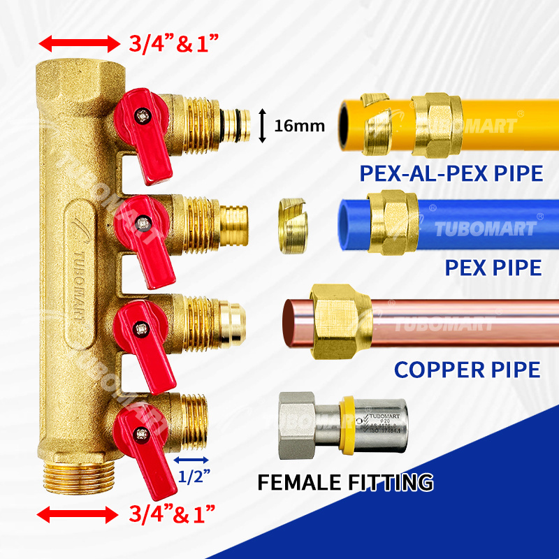 Tubomart Brass PEX Manifolds Valve collettori riscaldamento floor brass heating water manifolds for plumbing and heating system