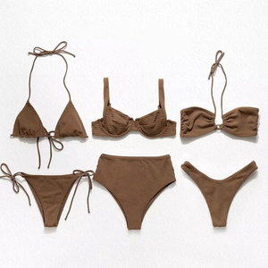 2024 Trending Customized Design Wholesale Nude Brown Ribbed Bikini Mature Thong Swimsuit Mature Woman Bikini