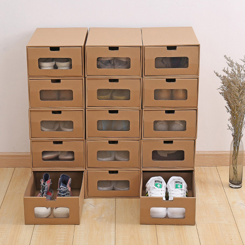 Transparent Window Waterproof Stackable Foldable Cardboard Kraft Paper Shoe Storage Box for Socks Stationery Underwear Organizer