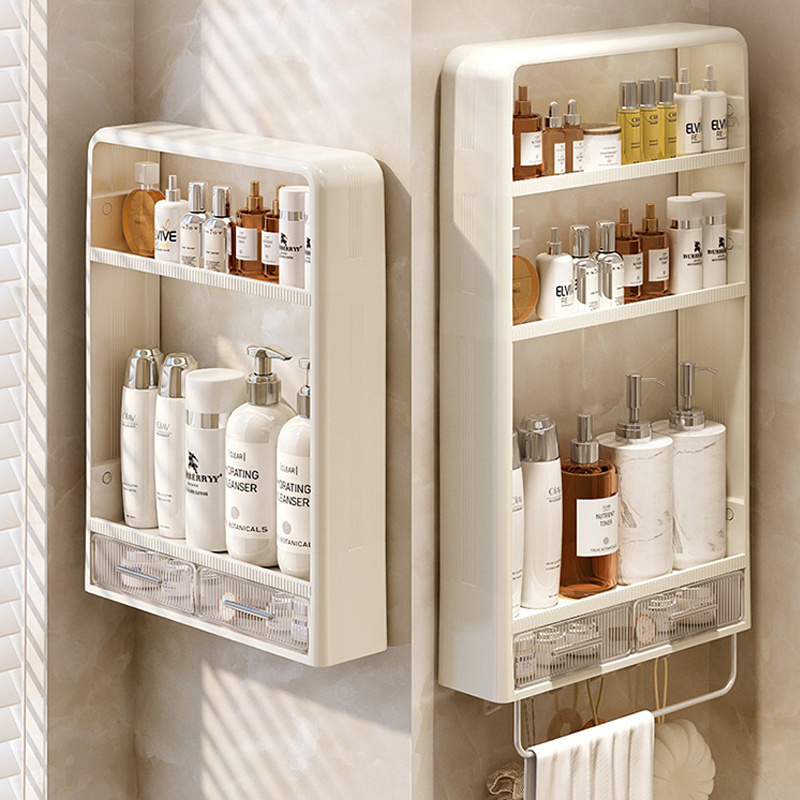 Home Wall-Mounted Organizer Cosmetic Toiletries Shampoo Storage Holder 4 Tier Wall Hanging Bathroom Shelf Hook Towel Rack