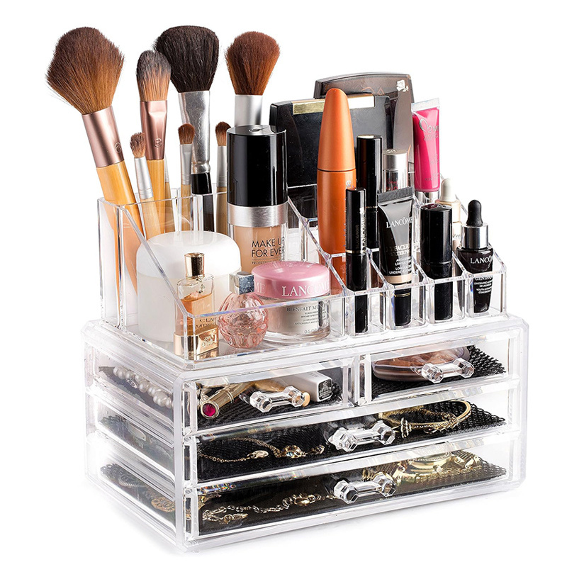 2 Pcs/Set Stackable Cosmetic Storage Box Clear Acrylic Makeup Organizer with 4 Drawers Lipstick Stands Skincare Display Case