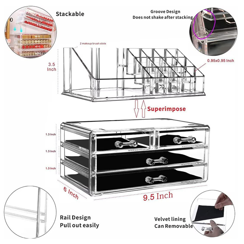 2 Pcs/Set Stackable Cosmetic Storage Box Clear Acrylic Makeup Organizer with 4 Drawers Lipstick Stands Skincare Display Case