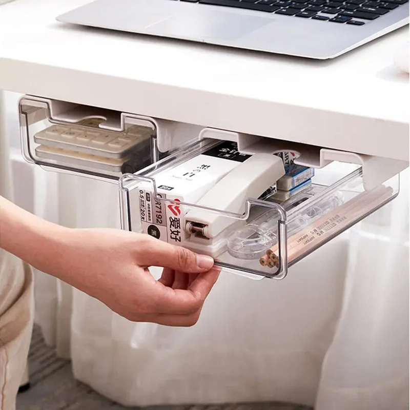 Self-Adhesive Stick On Under Desk Storage Drawers Transparent Plastic Workspace Organizers Desk Under Shelf Organization