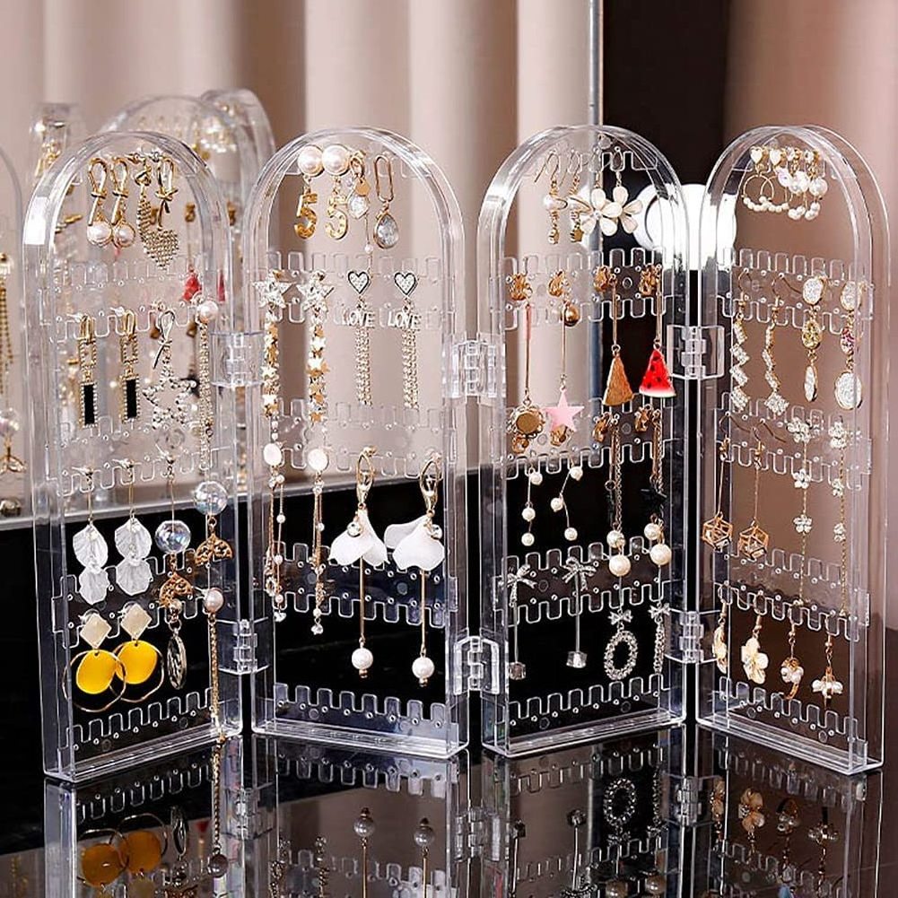 240 Holes Clear Acrylic Earrings Holder 4 Doors Foldable Screen Necklace Display Stand Rack Jewelry Hanging Organizer