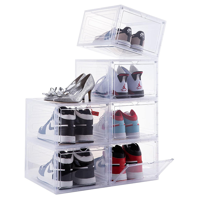 Sneaker Organizer Container Drop Front Shoe Box with Magnetic Door Clear Plastic Foldable Stackable Storage Box for Closet