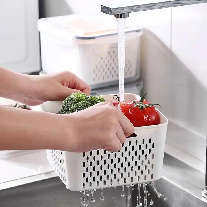 Household Refrigerator Fresh-keeping Box Kitchen Drain Basket with Cover Washing Fruit and Vegetable Basket Plastic Storage Box