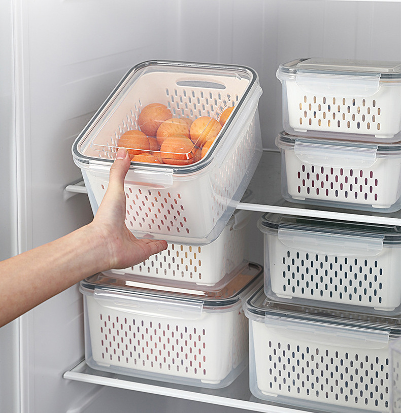 Household Refrigerator Fresh-keeping Box Kitchen Drain Basket with Cover Washing Fruit and Vegetable Basket Plastic Storage Box